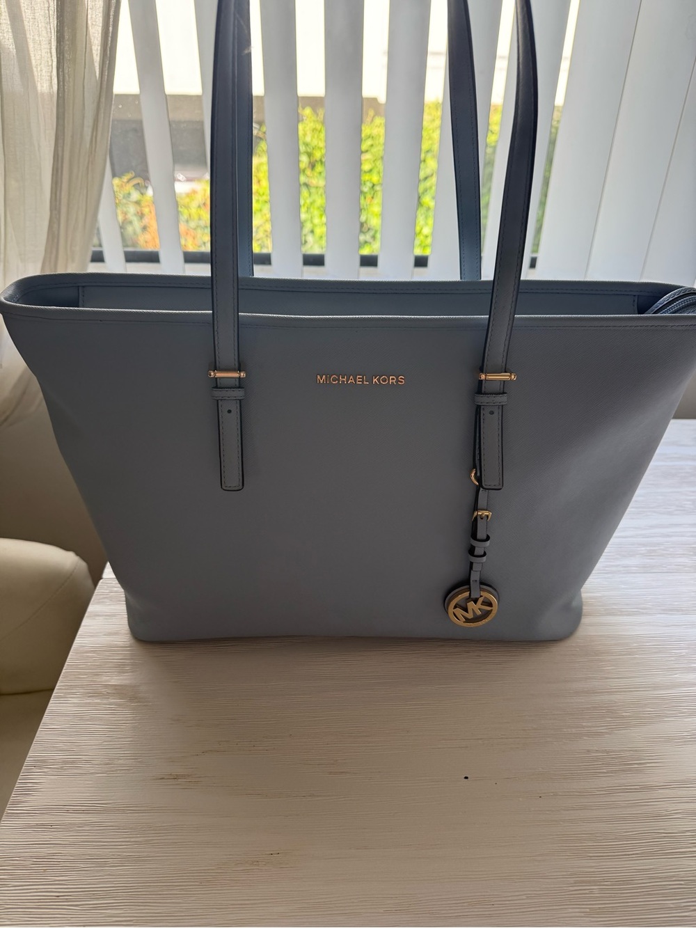 Michael Kors Slate Blue Leather Tote with Gold Logo Charm